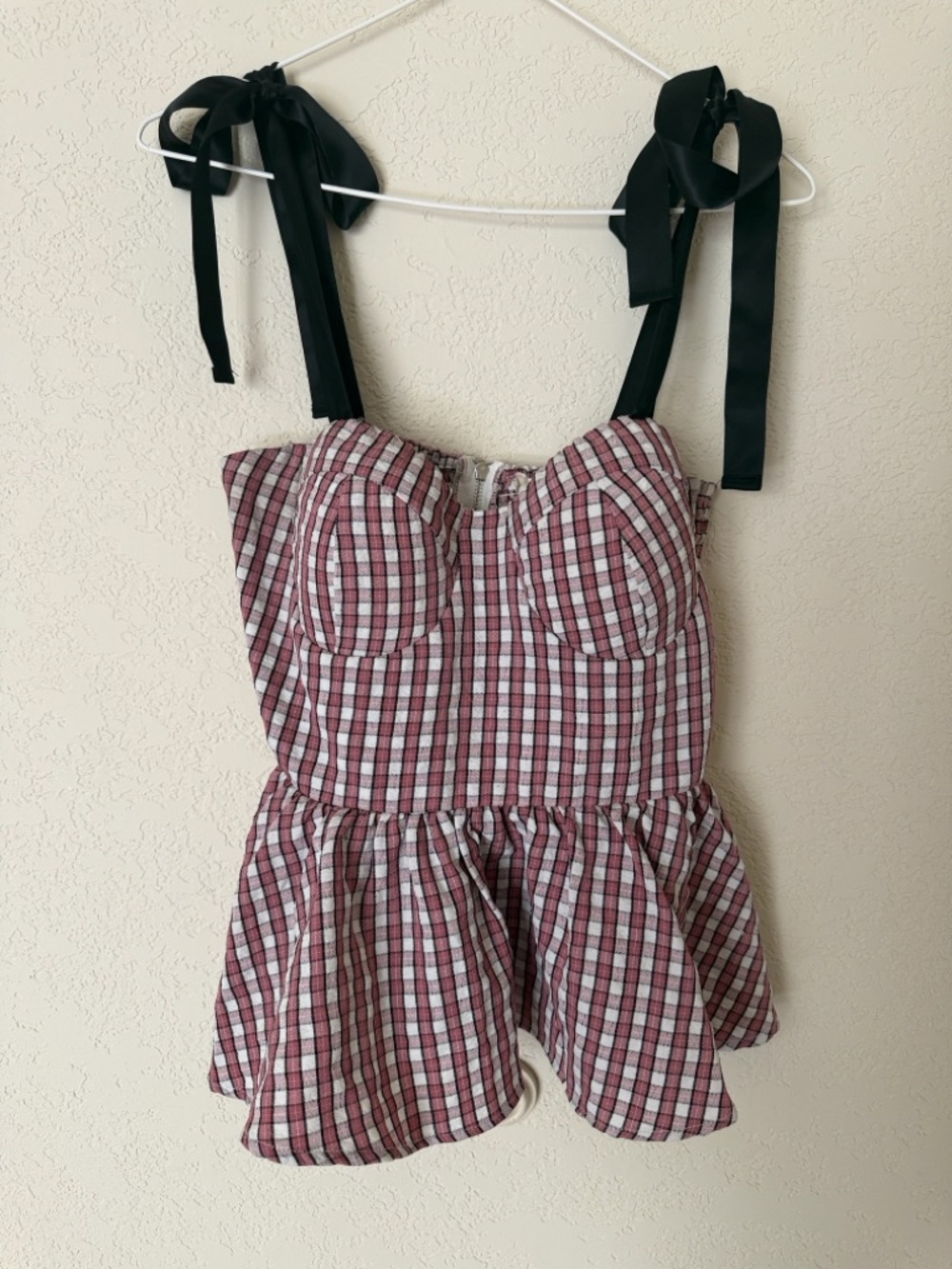 #Beyouty Pink Plaid Corset Bustier Top Coquette Tie Strap Peplum Size S